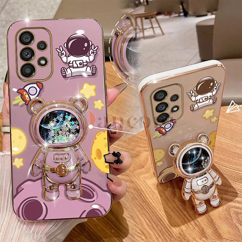 Cheering astronauts Plating Phone Holder Case For Samsung Galaxy A53 A54 A34 A24 A73 A52 A51 A71 A21S A14 A72 A23 A13 A52S Cover