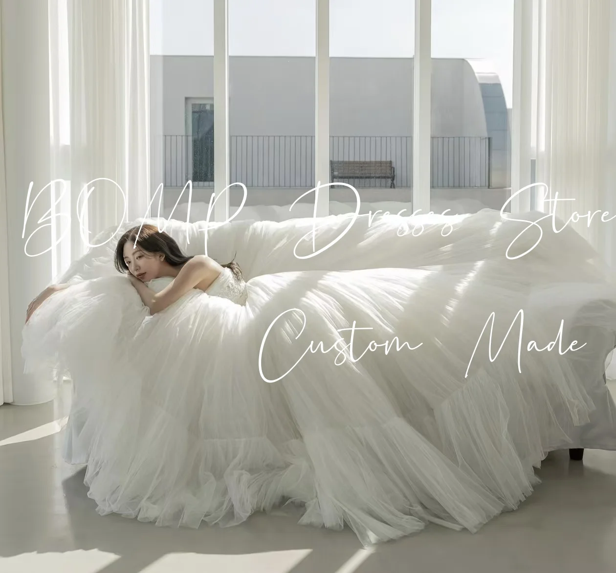 Bomp requintado apliques vestido de casamento sem alças drapeado a linha marfim tule coreia sessão de fotos vestido de recepção de noiva personalizado