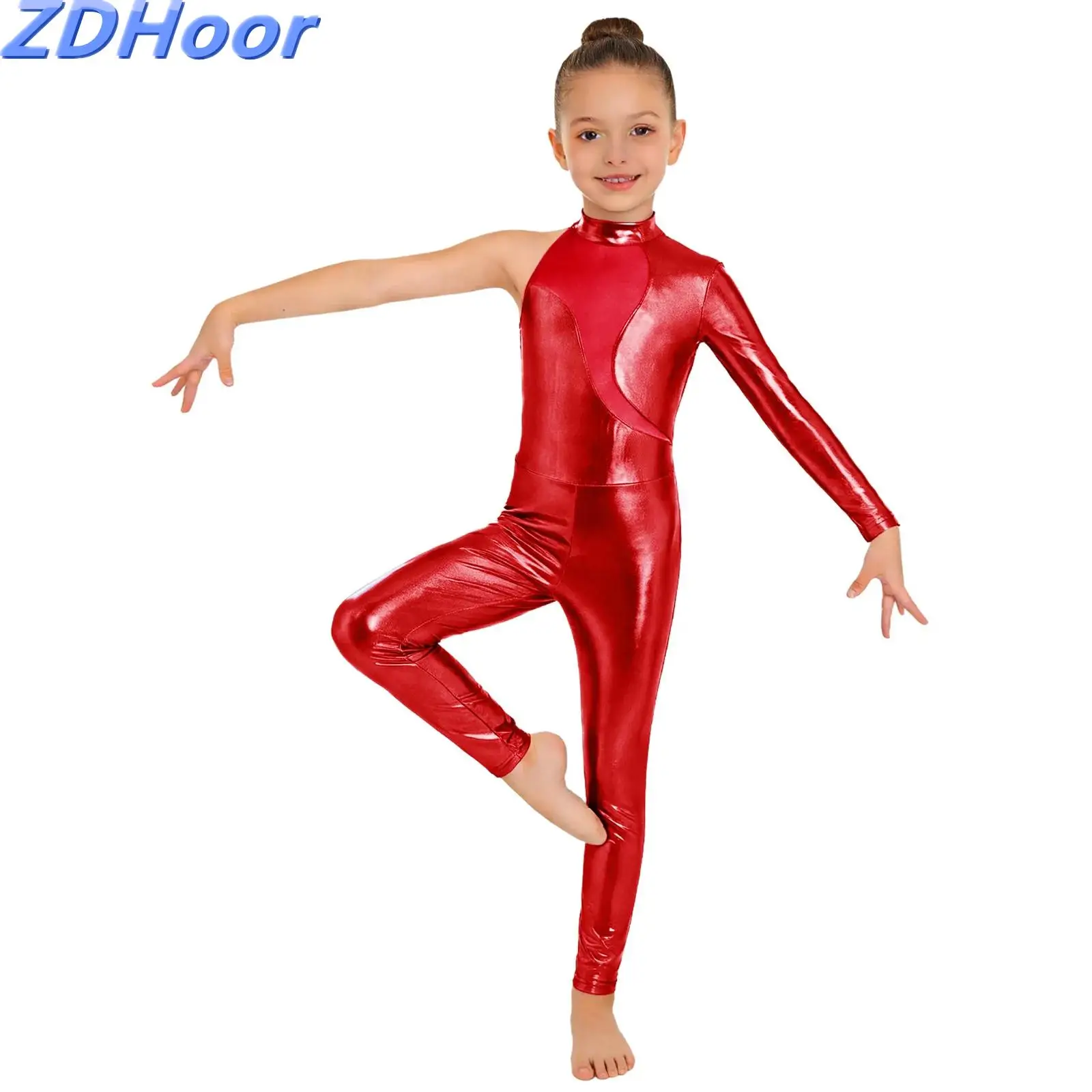 

Kids Girls Asymmetrical Metallic Dance Jumpsuit Mock Neck Mesh Patchwork Back Invisible Zipper Bodysuit for Stage Performance