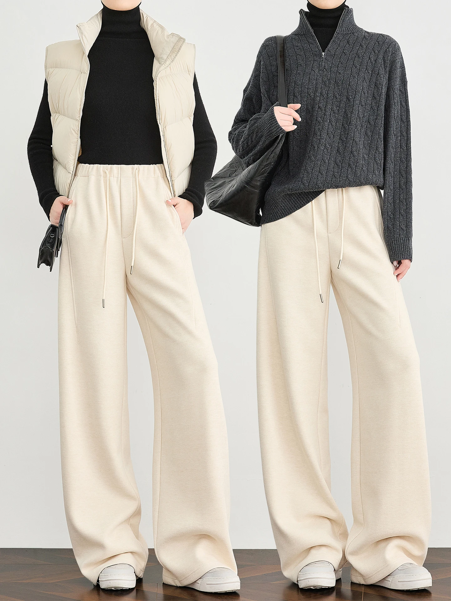

TUMPUS Faionable Wool Blend Casual Pants Women Winter Thiened Drape Straight Leg Wide Leg Pants High Waist Elastic Waist