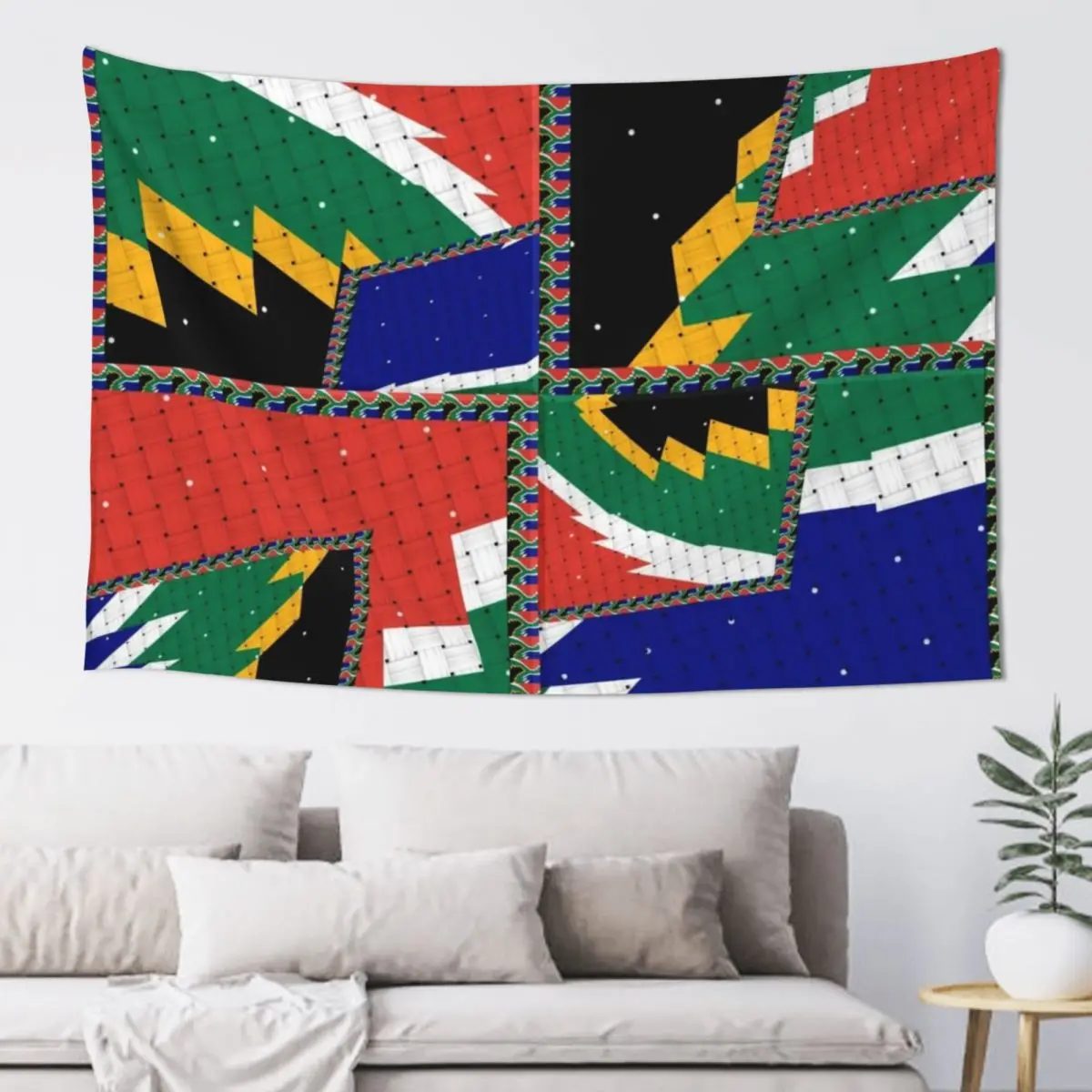 

Attractive original abstract geometric artwork, inspired by the South African flag in a vintage style. Tapestry