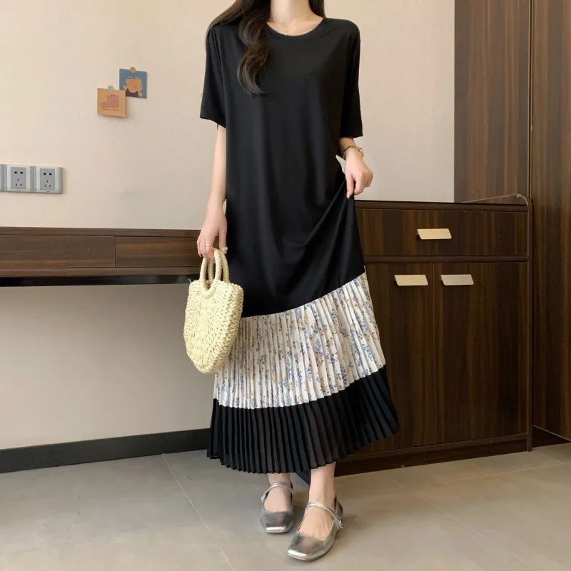 #6137 Spliced Chiffon Pleated T Shirt Dress Women Vintage O-neck False Two Piece Tshirt Dress Ladies Black Straight Streetwear