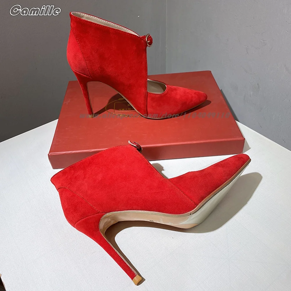 Rote Wildleder-Schnallenriemen, sexy Damen-High-Heels, spitze Zehen, Größe 34–39, Laufsteg-Stil, Grace-Pumps, 10 cm Absatz, ein Wort, Gürtel, High Heels