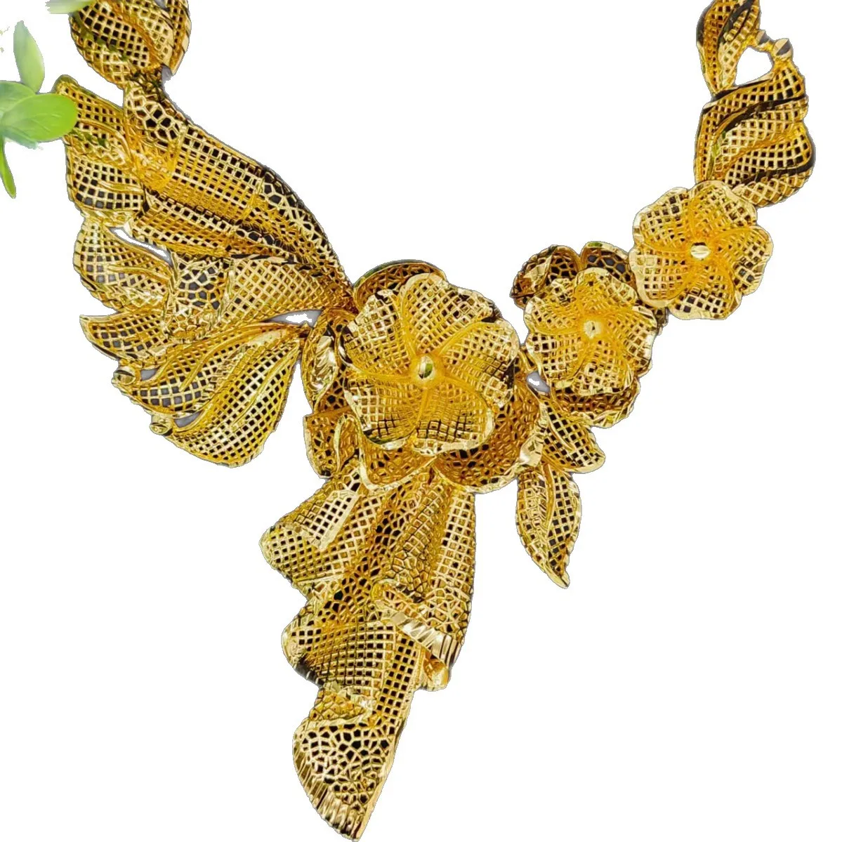 Luxury 24K 9999 Pure Gold real gold Dubai Luxury Necklace Earrings Two-Piece Bridal Wedding Necklace view 5