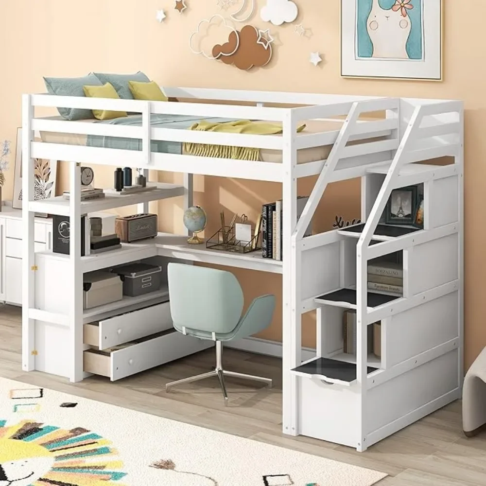 Cama alta con escalera de tamaño doble con escritorio en forma de L, estantes, cajones de dos niveles y escalera de almacenamiento, camas para niños