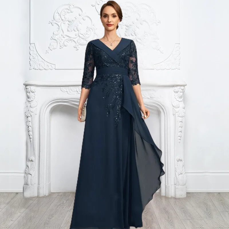 

Navy Blue Mother of the Bride Dress A-line V-Neck Wedding Guest Dresses Applique Sequins Evening Gown robes invitée mariage