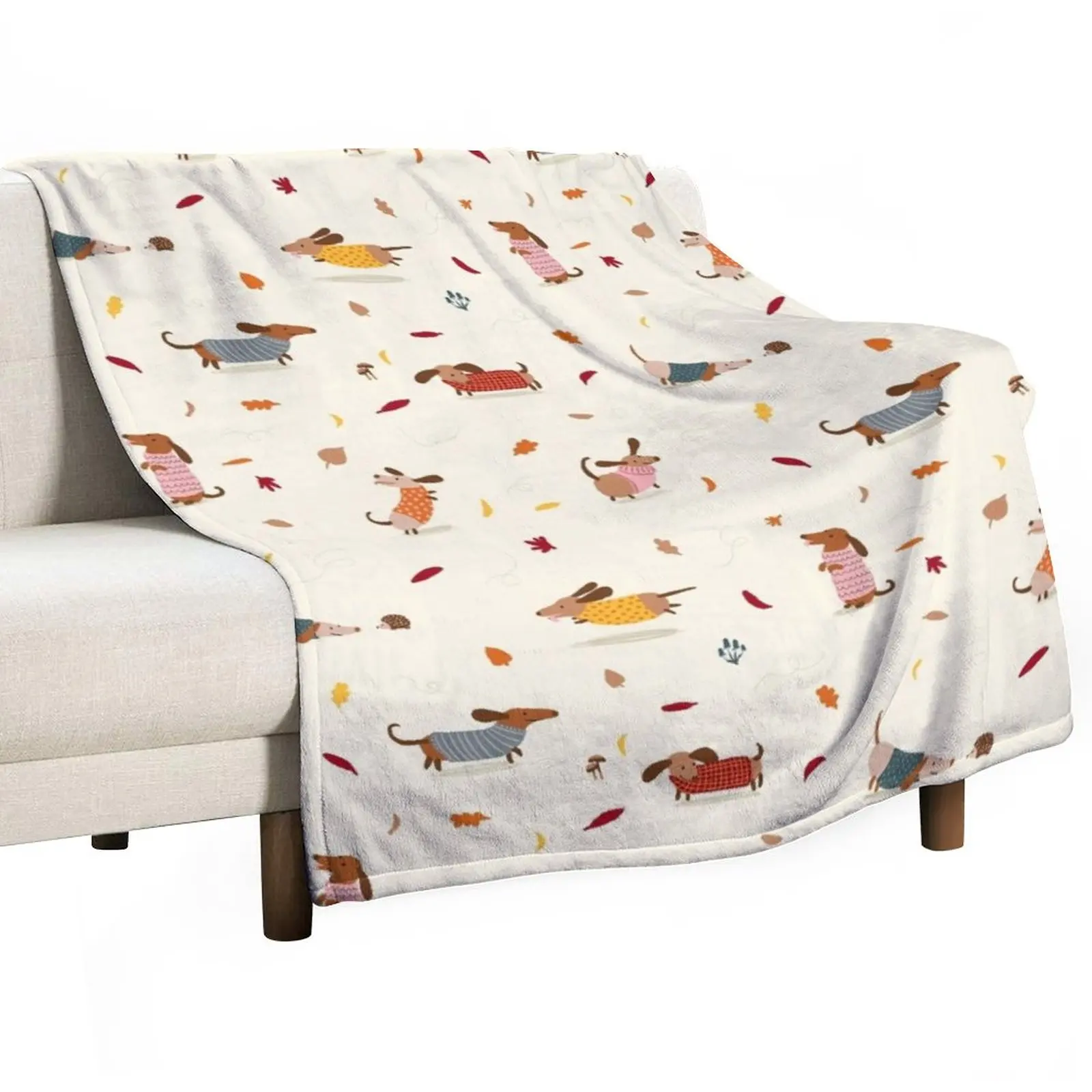 

Cute Dachshunds in Winter Sweaters with Autumn Leaves Throw Blanket Winter beds Warm Camping Blankets