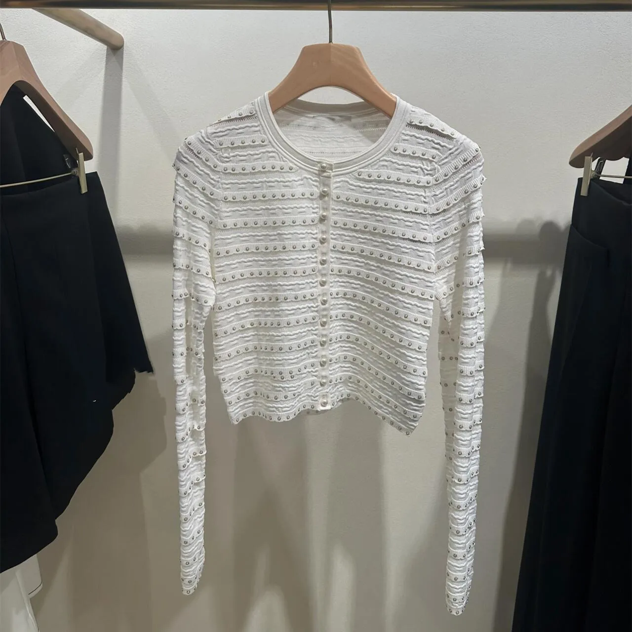 Ele Wit Gebreid Zwaar Verfraaid Open Vest High-End Versie Europese Sle Dames Faion Topklasse Parels Decora...