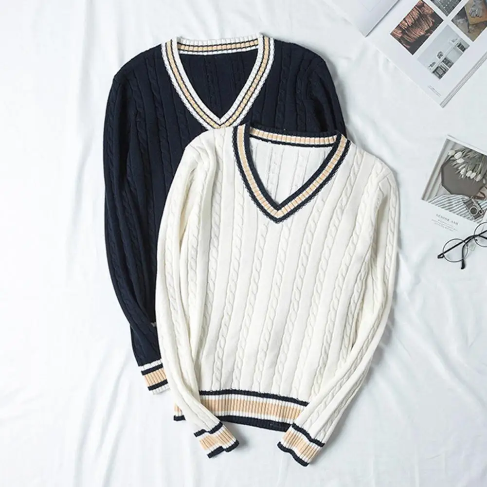 

Student Sweater Women Men Thicken V-neck Long Sleeve Knitted Sweaters Striped Retro Preppy-style Simple Chic Loose Casual