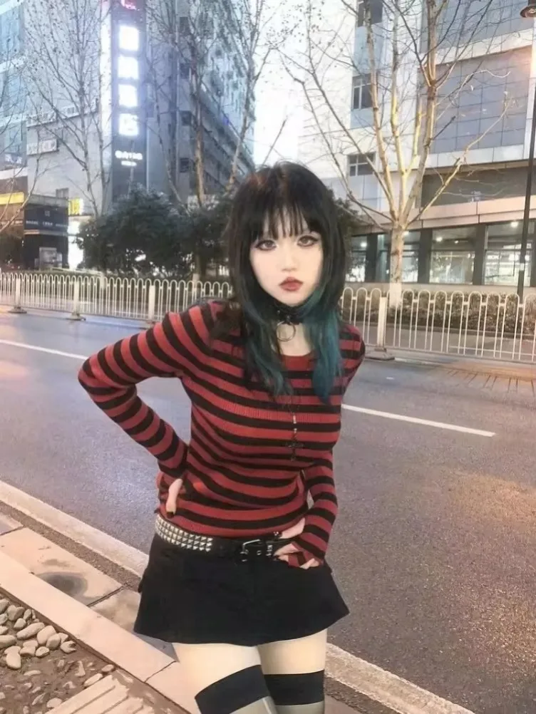 Red Y2k Striped Pullovers Gothic  Clothes Emo Girls Asymmetrical Harajuku Slim Kawaii Retro Long Sleeve Pull Femme Sweaters Chic