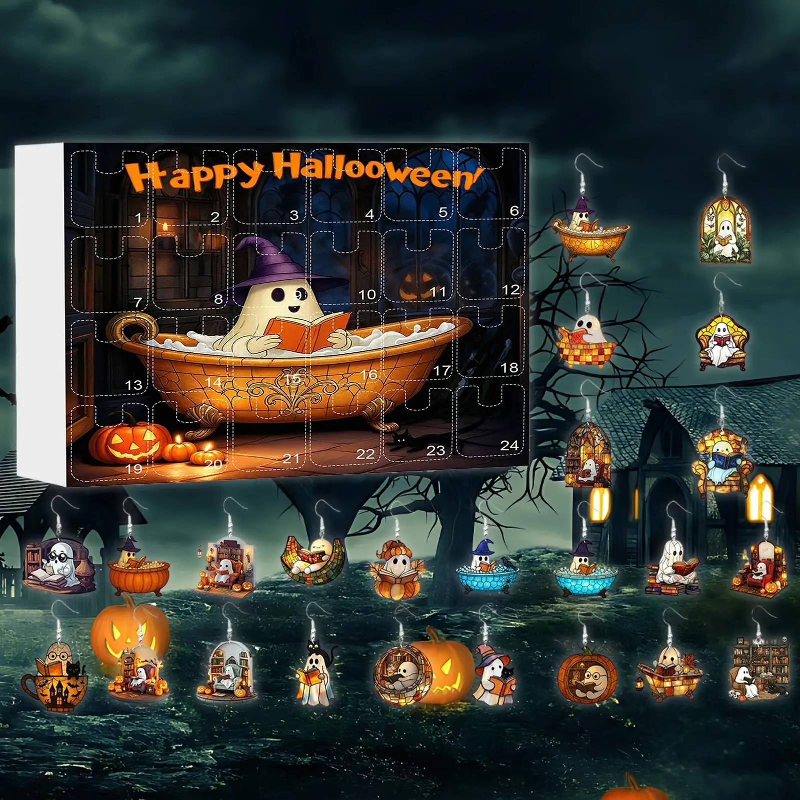Halloween Calendar Advent 2025 Spooky Ghost Earrings 2d Flat Acrylic Jewelry For Girls Teen Women Holiday Party Home Decorations