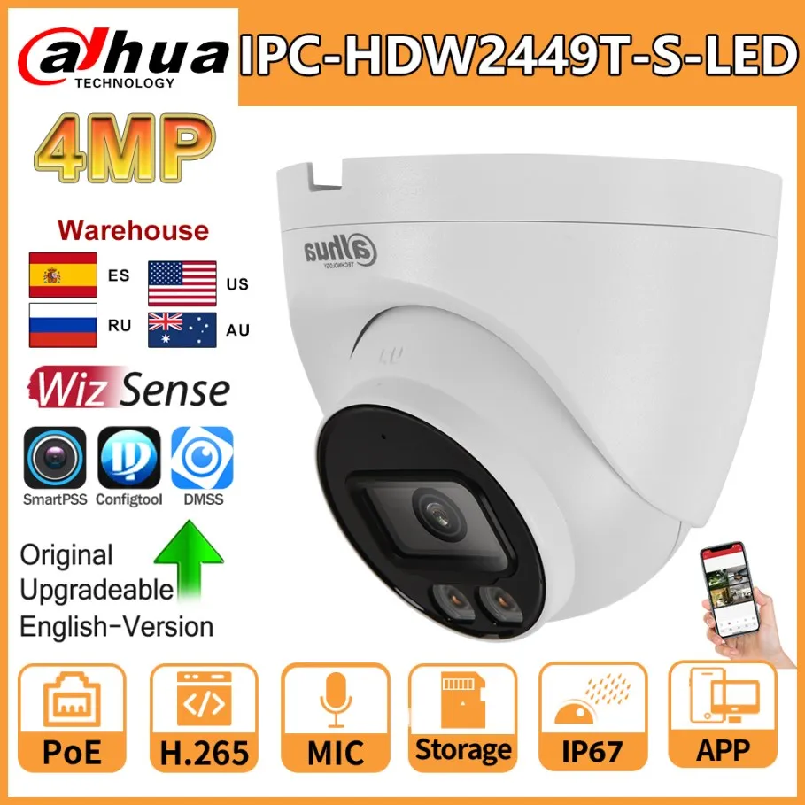 Dahua Wizsense IP Camera 4MP IPC-HDW2449T-S-LED Full-Color PoE Built-in MIC And Warm Led Light SD Card Slot Video Surveillance