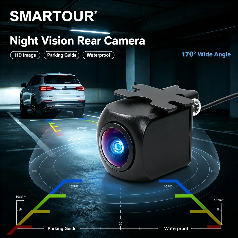 170° Wide Angle Mini Car Backup Camera IP68 Waterproof Night Vision Adjustable Mount Switchable Parking Lines Reversing Camera