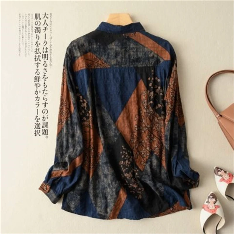 Vintage Printed Cotton Tunic Ladies Tops Spring Autumn Women\'s Casual Loose Long Sleeve Button Up Shirts Blouses Blusas Clothing