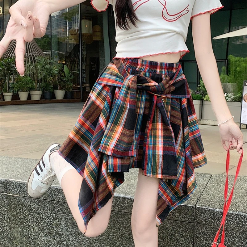 High Waist Irregular Design Plaid Skirts Women Summer Lace-up A-line Short Skirt Korean Style High Street Versatile Skirt Female