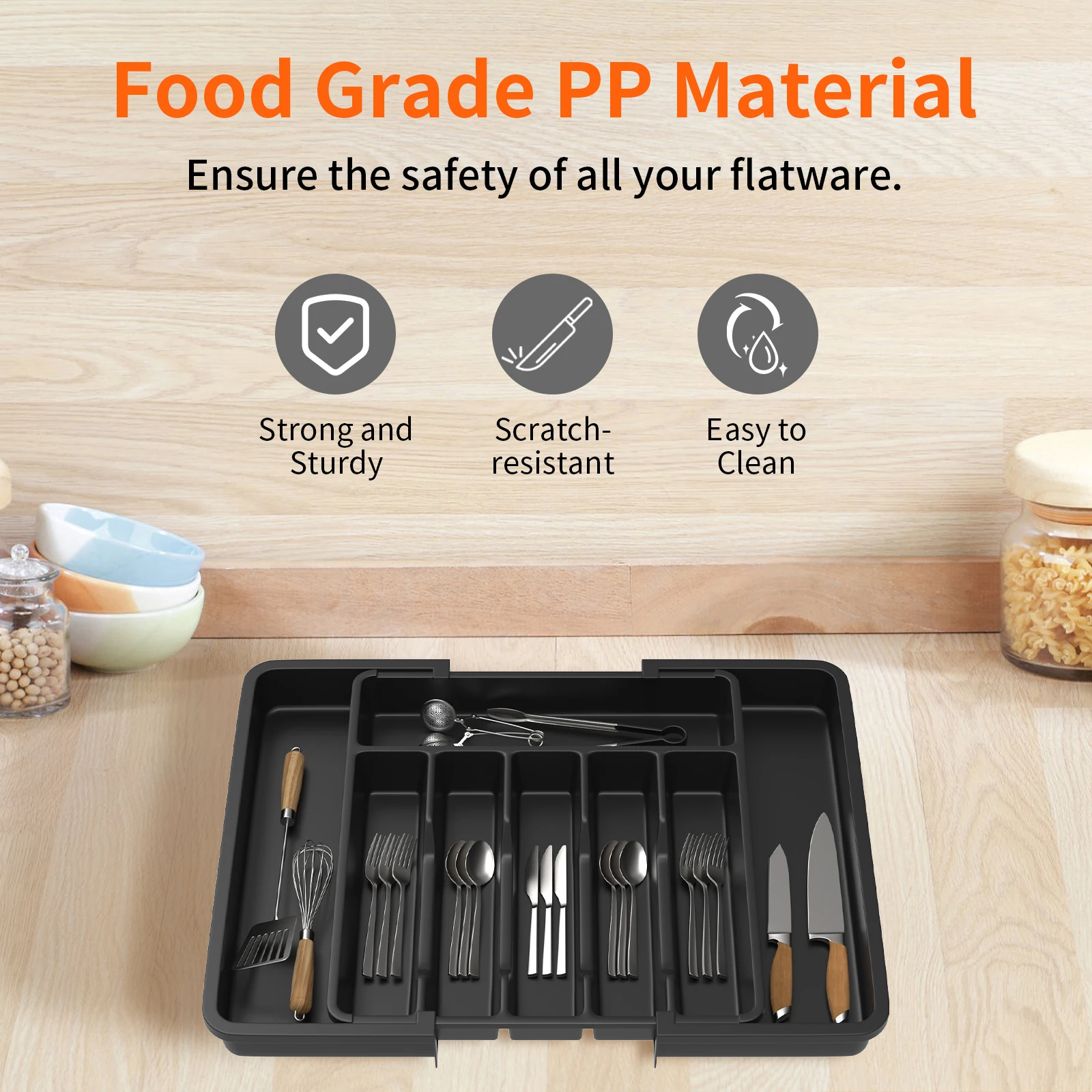 صينية أدوات المائدة البلاستيكية منظم درج الأواني مقاوم للماء صينية تخزين قابلة للتوسيع للمطبخ 6-8 مقصورات سعة كبيرة