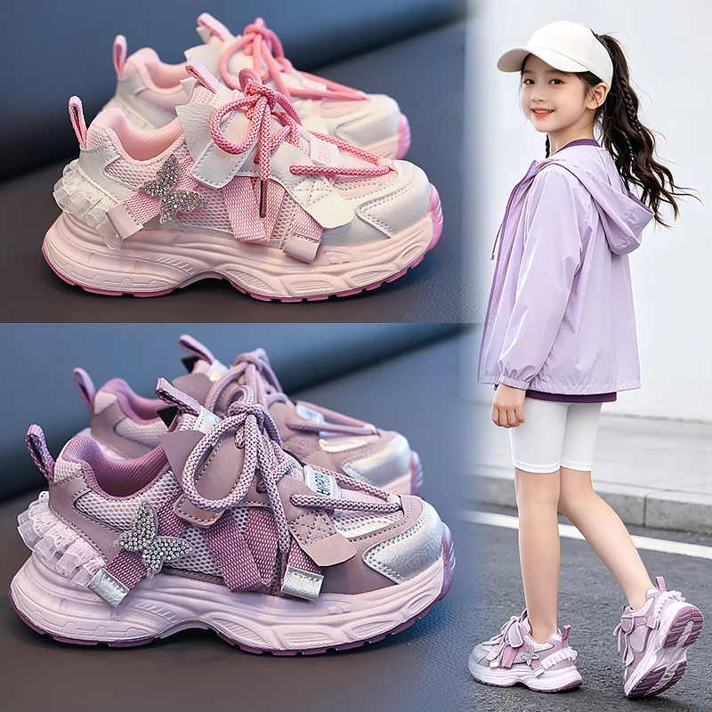 Girls Platform Sneakers Rhinestone Butterfly Decor Lace Trim Mesh Breathable Kids Casual Fashion Chunky Sports Shoes