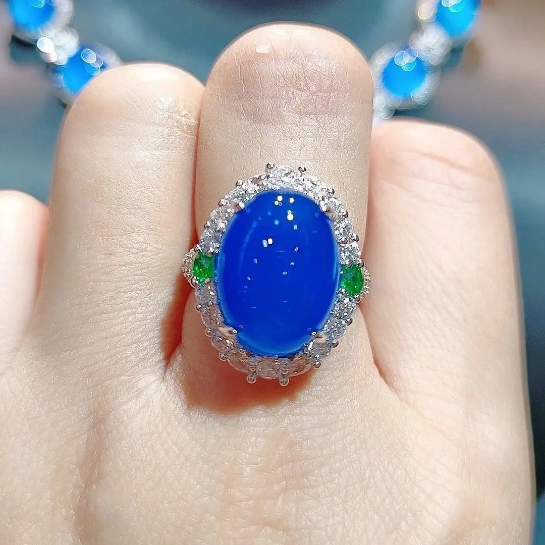 Natural Ice Chalcedony Ring Jade Inlay Jade Imperial Green Adjustable Color Agate Ring