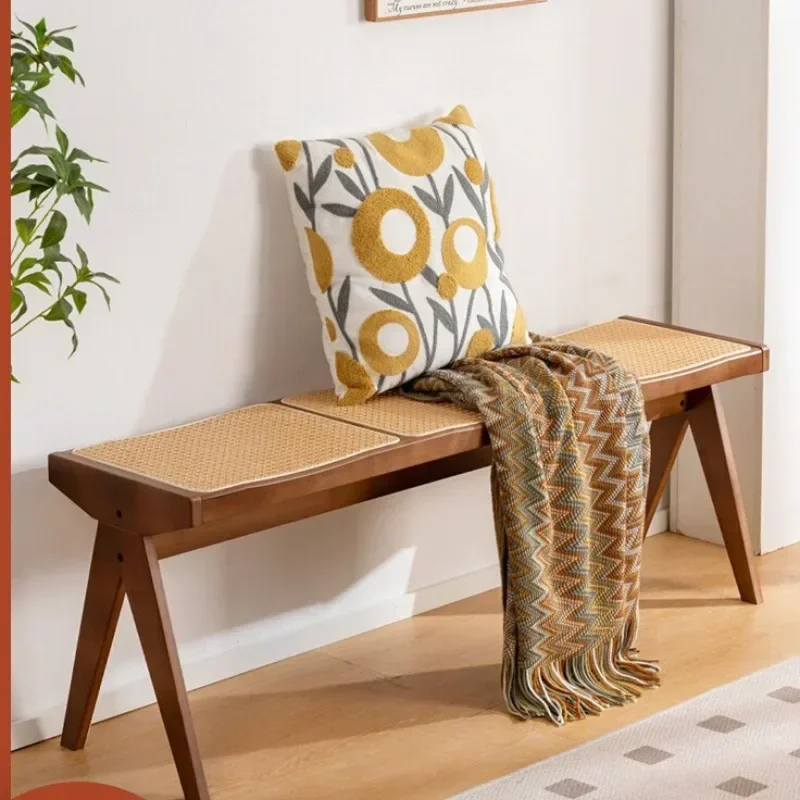 

Rattan Bench Chandigarh Bench Three-person Bench Wabi Silent Wind Retro Entrance Shoe Change Stool Home Dining Chair Stool