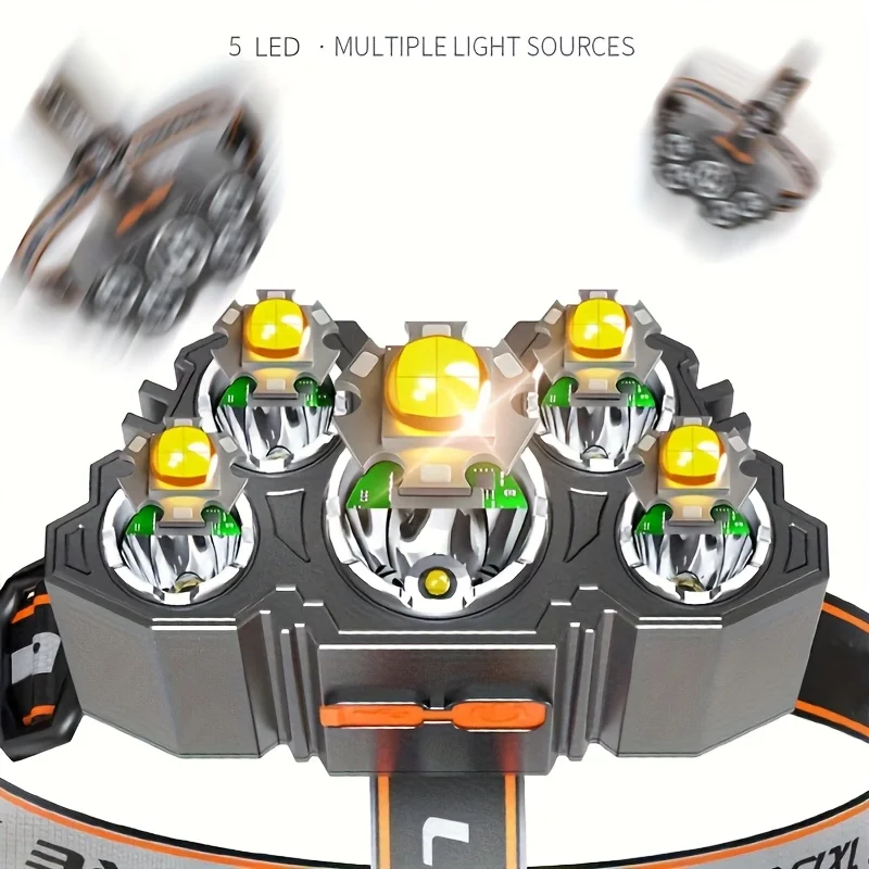 Lanterna de cabeça recarregável USB 5LED Lanterna de cabeça à prova d'água com bateria embutida para camping, caminhadas, pesca, uso de emergência