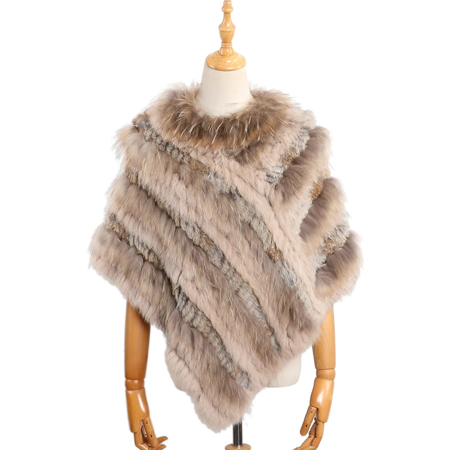 Women's Antumn Winter Luxury Genuine Raccoon Fur Pullover Poncho Rabbit Fur Knitted Cape Natural Fur Wraps Shawl Soft Fluffy