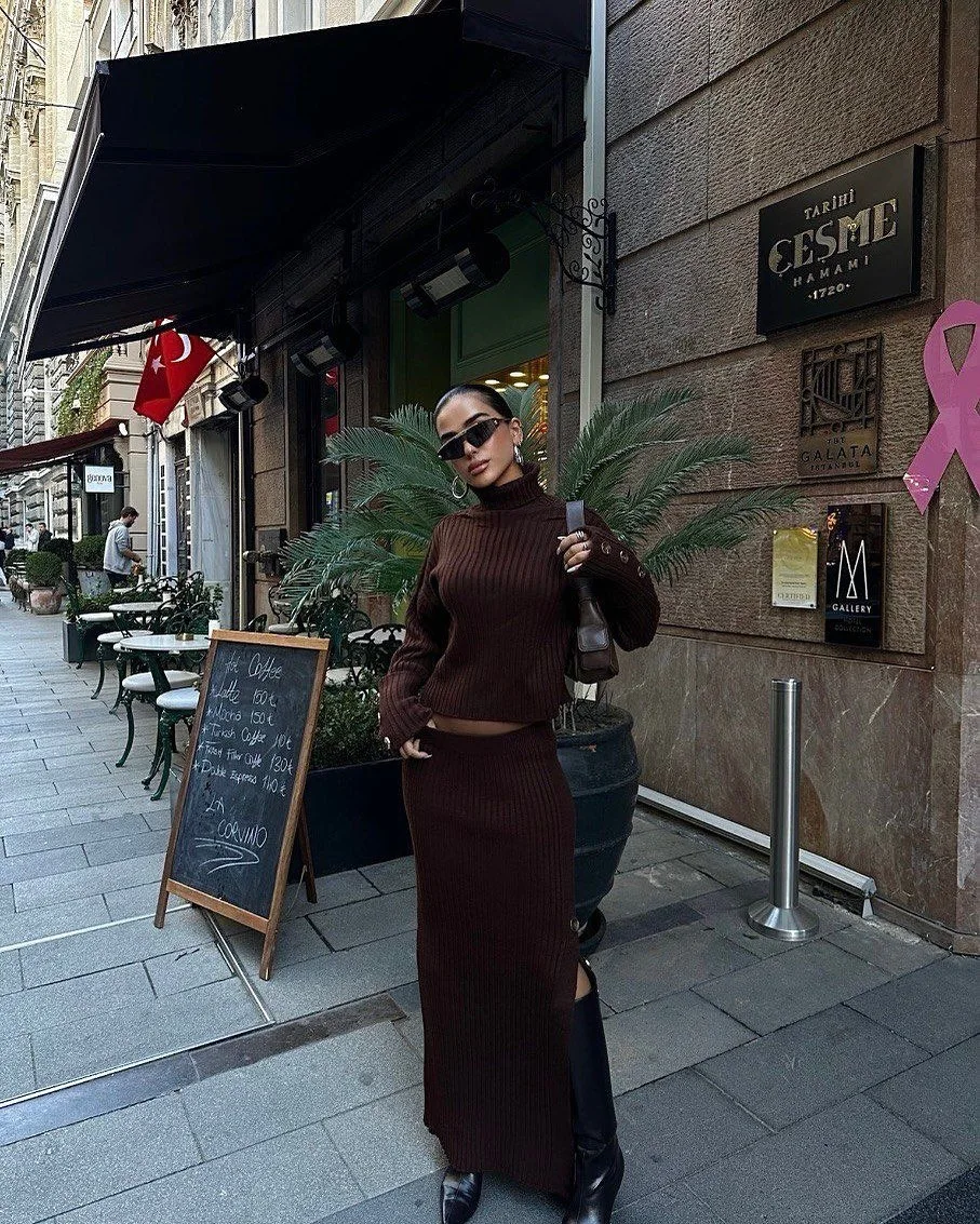 

2025 Autumn Winter New Loose Knitted Sweater One Shoulder Long Sleeve Solid Color Two Piece Set Slimming Effect Women's Wear
