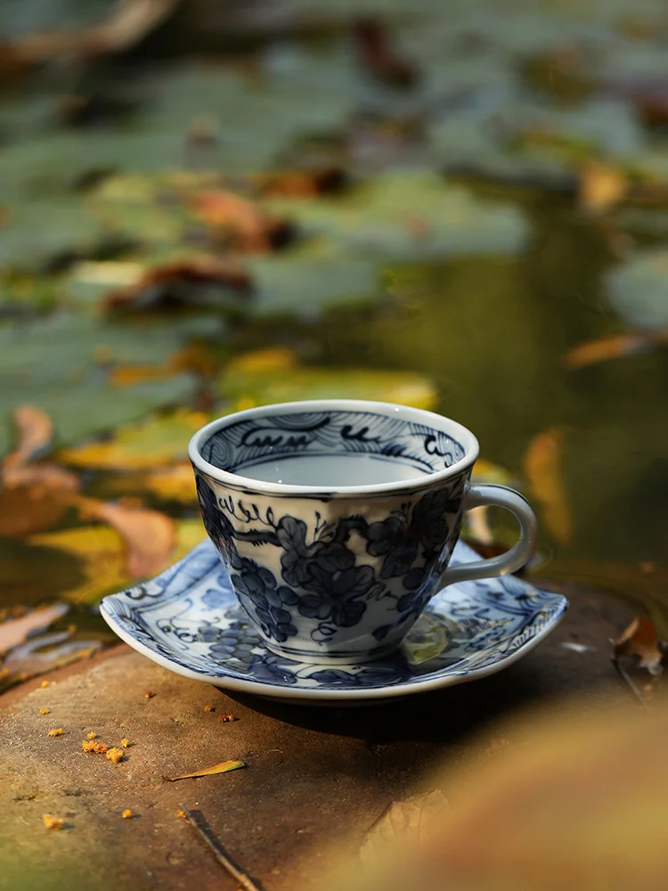 Ceramic Tea Cup + Saucer Set Made In Japan Ins Popular Home Teaware Afternoon Tea Drinkware Blue And White Grape Under Glazed