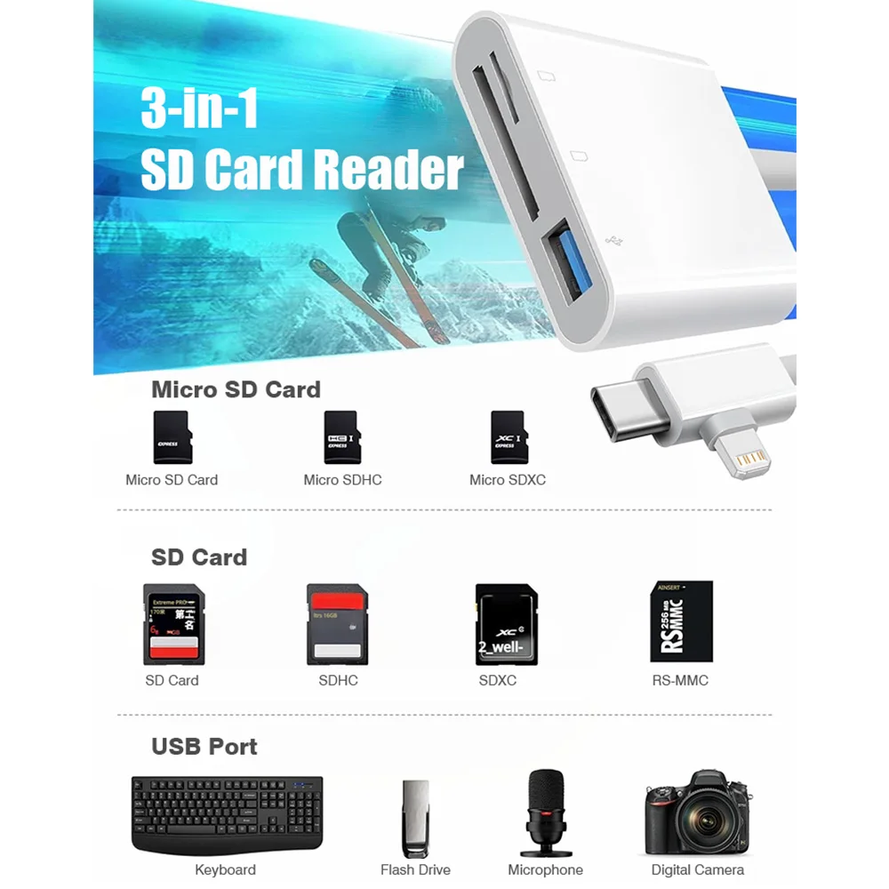 SD Card Reader Lightning & USB-C Card Adapter with SD Micro Camera Memory Card Viewer Portable Plug and Play For iPhone iPad