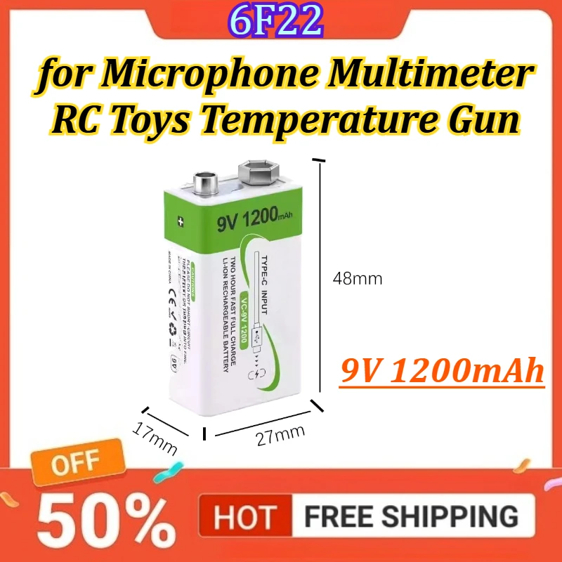 

9V 1200mAh Li-ion Battery 6F22 9V Rechargeable Battery for VariCore for Microphone Multimeter RC Toys Temperature Gun
