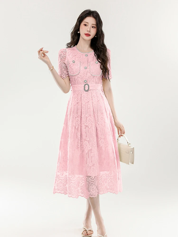 Ropa de mujer dulce encaje Floral transparente manga corta ajustado Midi A-Line vestido elegante moda Vestidos de fiesta bata Casual novedad de verano