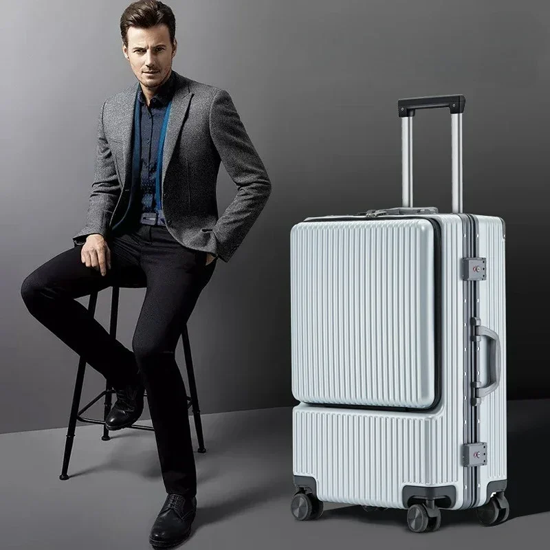 Valise Trolley avec Cadre en Aluminium pour Homme et Femme, Ordinateur, Bagage de Voyage Embarquement, Avant Ouvert, Côté Ouvert, Tige de Traction, 20 Pouces, 24 Pouces, Nouveau