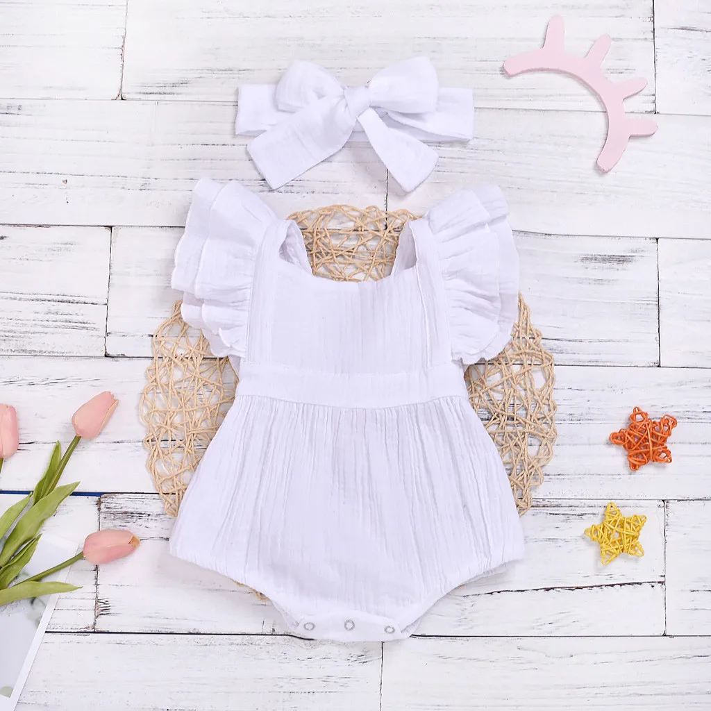 Yaz yenidoğan bebek bebek kız Romper Bodysuits + kafa kıyafetleri Muslin kolsuz tulum çocuklar Onepiece moda bebek giyim