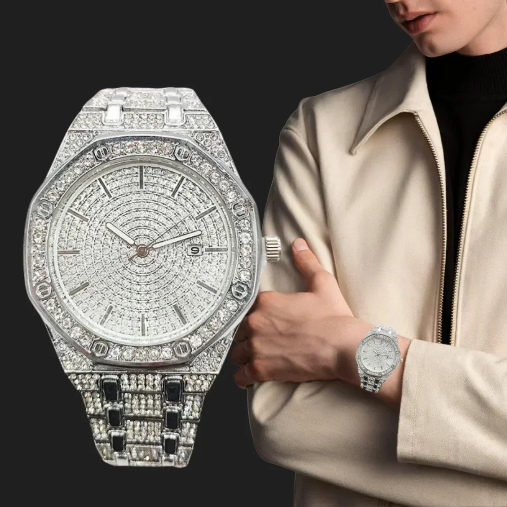 New Trendy Mens Man Gold Bling Bling Zircon Hip-hop Full Icy Diamond Quartz Iced Out Watches for Outdoors Party