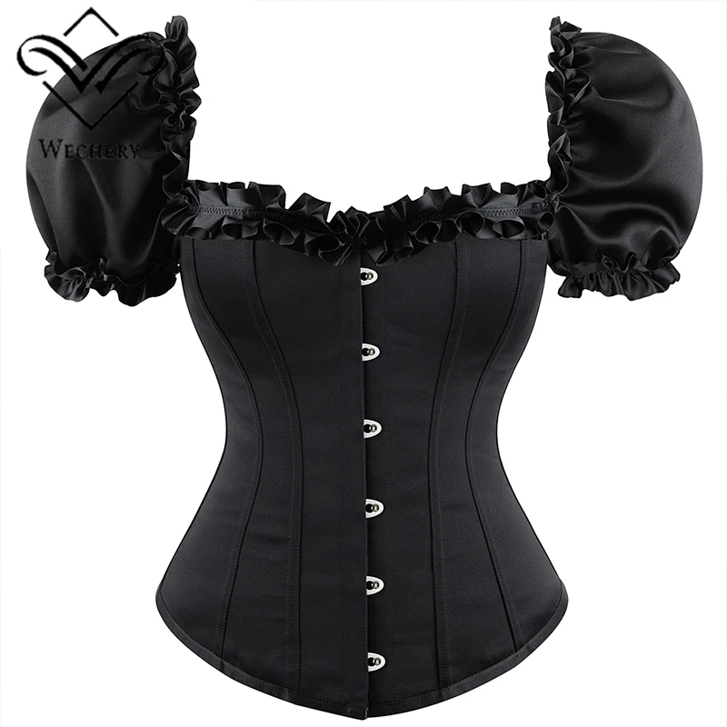 Vintage Off Shoulder Steampunk Corset Top Women Short-Sleeve Gothic Bustier Black Overbust Bodice Party Waist Trainer