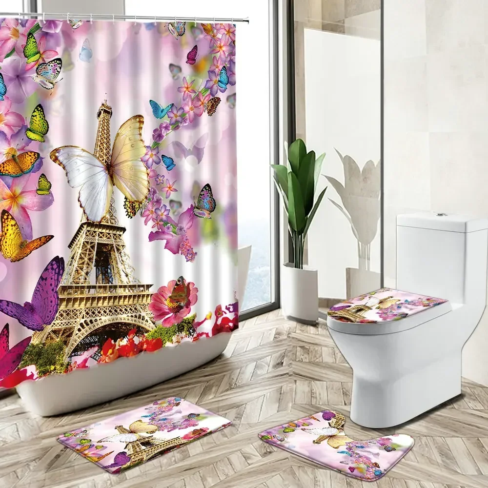 Tower Scenery Shower Curtain Colorful Butterfly Flower Romantic Paris Home Decor Bath Mat Toilet Lid Cover Bathroom Carpet Set