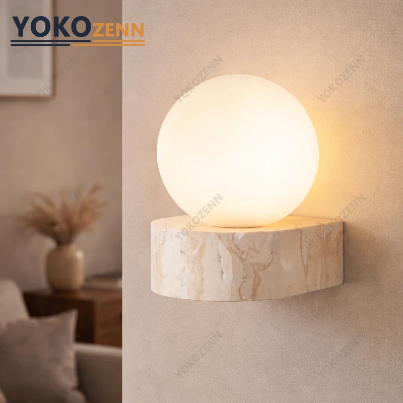 

YOKO Yellow Travertine Glass Ball Wall Light LED Natural Stone Sconce for Bedroom Bedside Living Room Nordic Japanese Home Decor