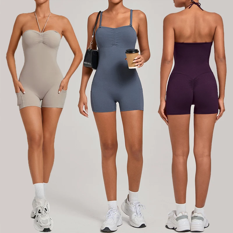 

Женский спортивный костюм для бега, однотонный цельный комплект для йоги, облегающий эластичный комбинезон для фитнеса, женская короткая спортивная одежда, одежда для тренировок