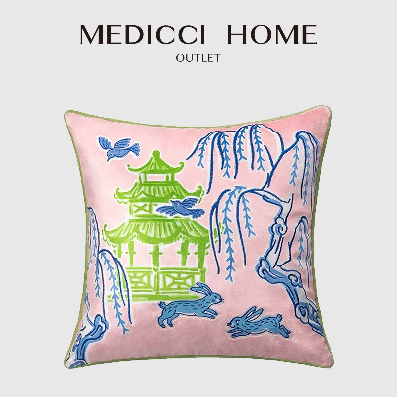 Medicci Home Spring Pavilion Rabbit Decorative Throw Pillow Cover Double Sided Printing Embroidered Cushion Case Chic Home Decor