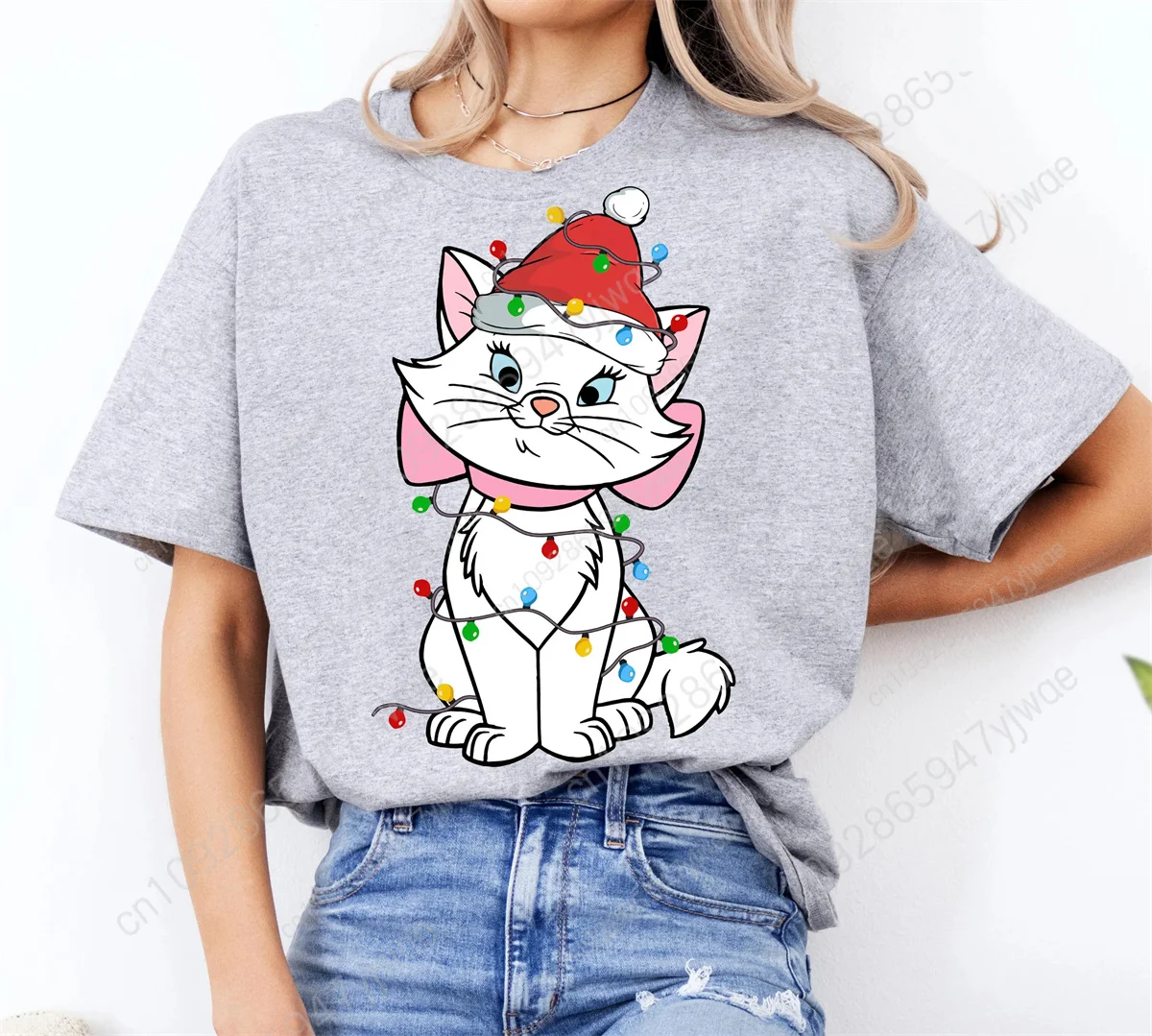 Cute Marie Cat Coquette Bow Christmas Lights Shirt the Aristocats T-shirt Very Merry Christmas Party Tee Summer Women's T-shirt