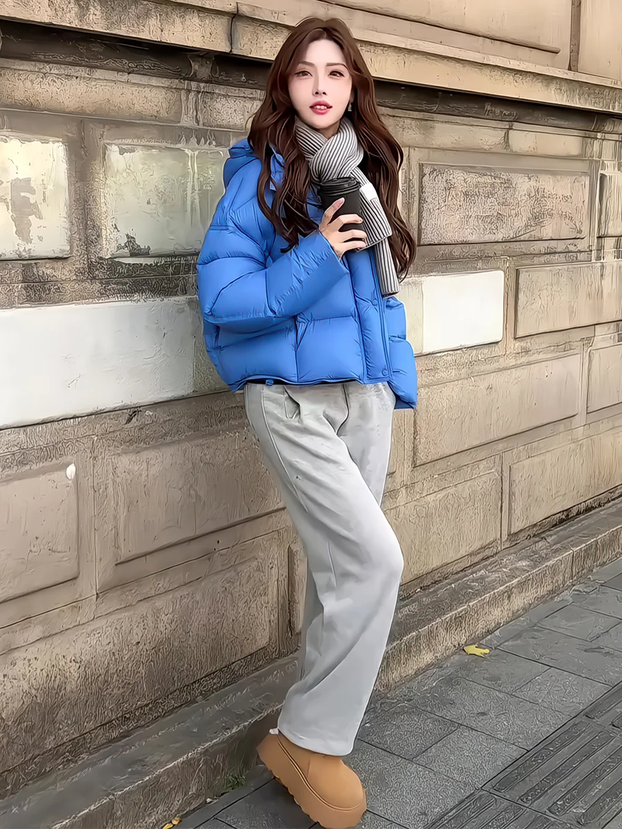 

Blue Puffer Jaet Women's ort Fluffy down Coat Warm Winter Casual Loose Fit Bread Sle Hat Design Thiened Zipper Closure