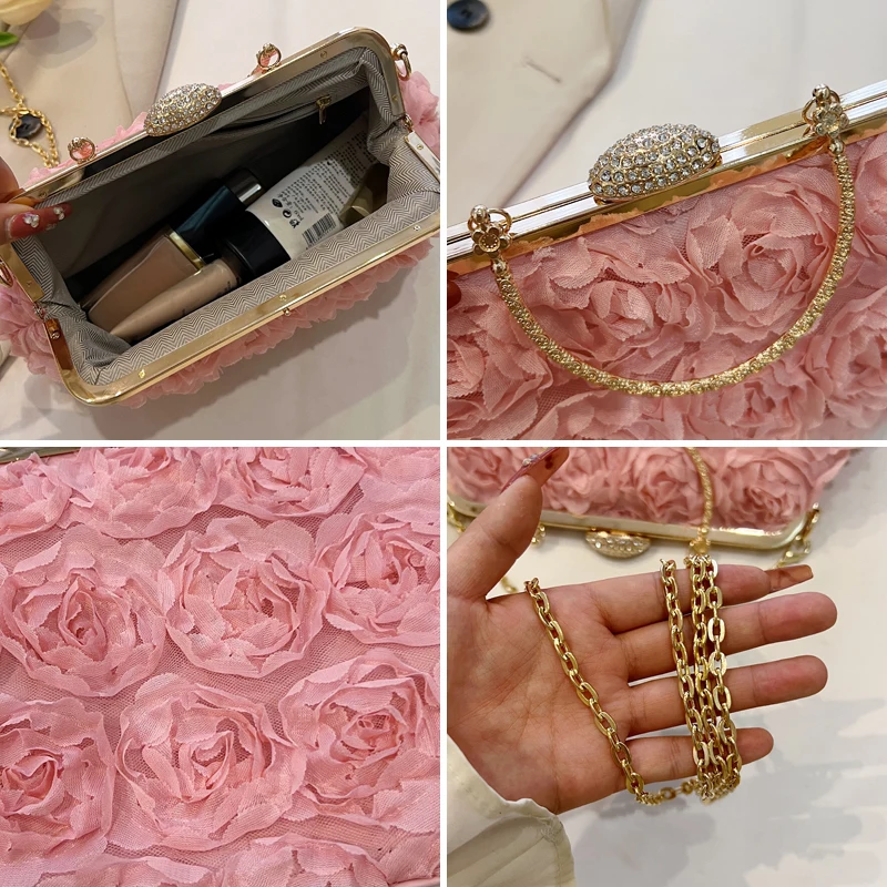 women\'s bag Elegant PROM Clutch handbag Three-dimensional rose women shoulder bag Lace flower Lady Crossbody Bag female bag