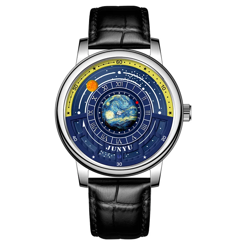 

Junyu Unisex Mechanical Watch - Automatic 39mm Blue Starry Sky Earth Stainless Steel Foldable Clasp Waterproof Wristwatch