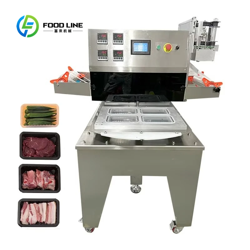 Customized Rotating Dual Station Pneumatic Tabletop MAP Tray Sealing Machine with Gas Flush for Fresh Food Packaging