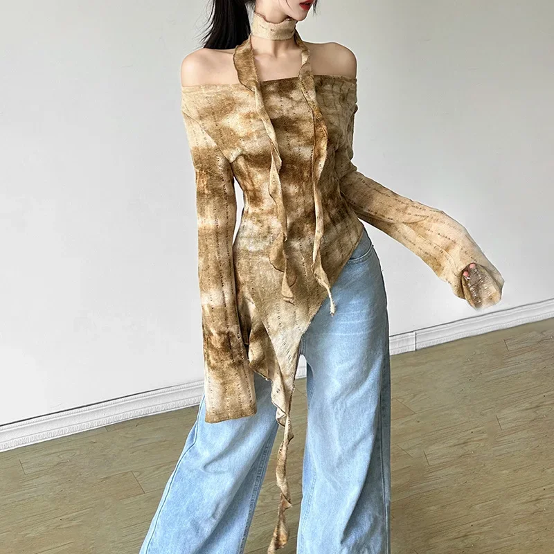 Y2KオフショルダーロングスリーブTシャツ ストリート イレギュラー スリムフィット ラッフルトップ レディース 2025夏新作 ブラウス