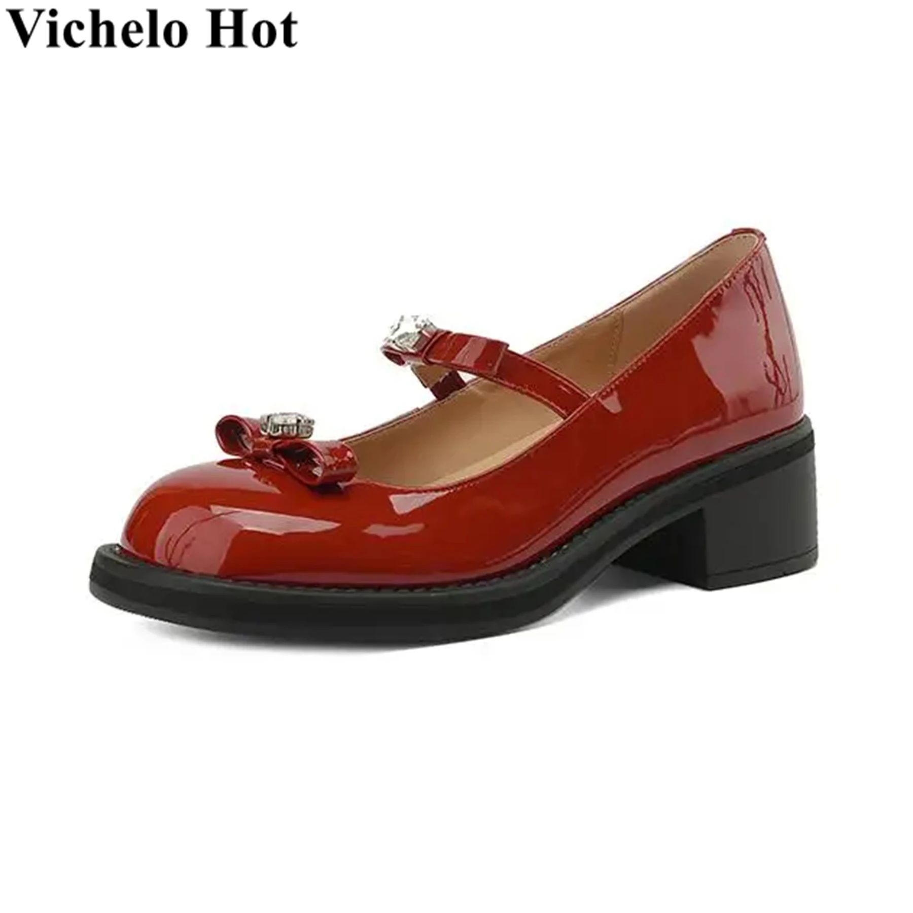 

Vichelo Hot Genuine Leather Summer Round Toe Chunky Med Heels Brand Butterfly-knot Mary Janes Lolita Fashion Sweet Women Pumps