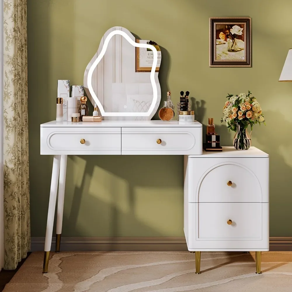 

Makeup Vanity Table，Vanity Desk with Lighted Mirror and 4 Spacious Drawers,Bedroom Essential Dressing Table with Nightstand