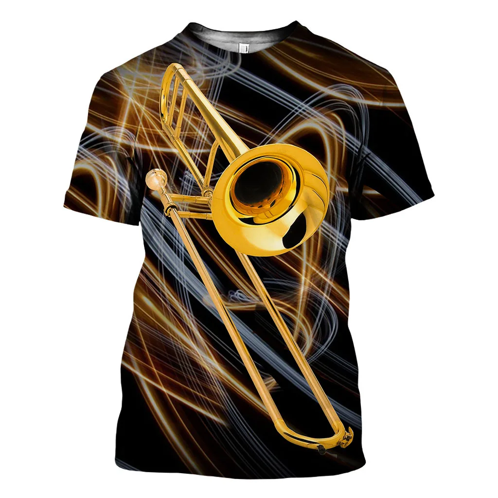 Jazz 3D Print Sax Guitar Clarinet Men\'s T-shirt Classic Music Instruments Short Sleeve Hip Hop Pop Casual Tees Round Collar Tops