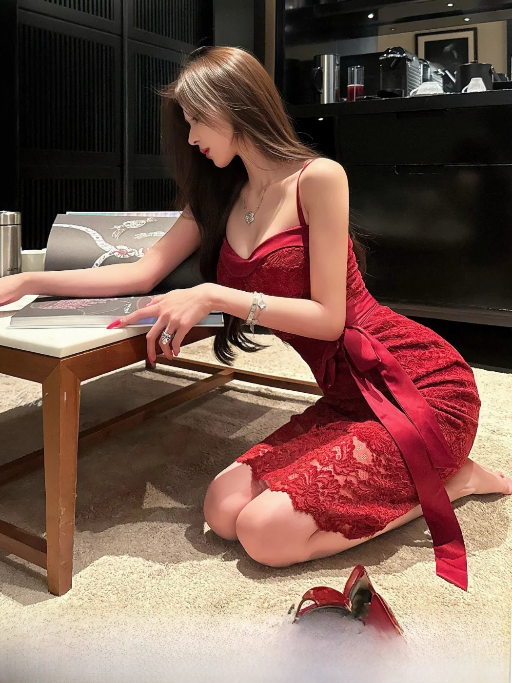 

MOXI красная роза сексуальное длинное платье с кружевной отделкой женское облегающее платье со вкусом для пар свадебных танцев свидания Busin Ocn