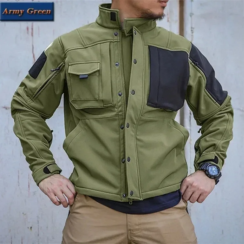 Tactical Shark Skin Standing Collar Men\'s Set Multi Pocket Zipper Windproof Waterproof Coat Men Outdoor Sports Fleece Warm Pants