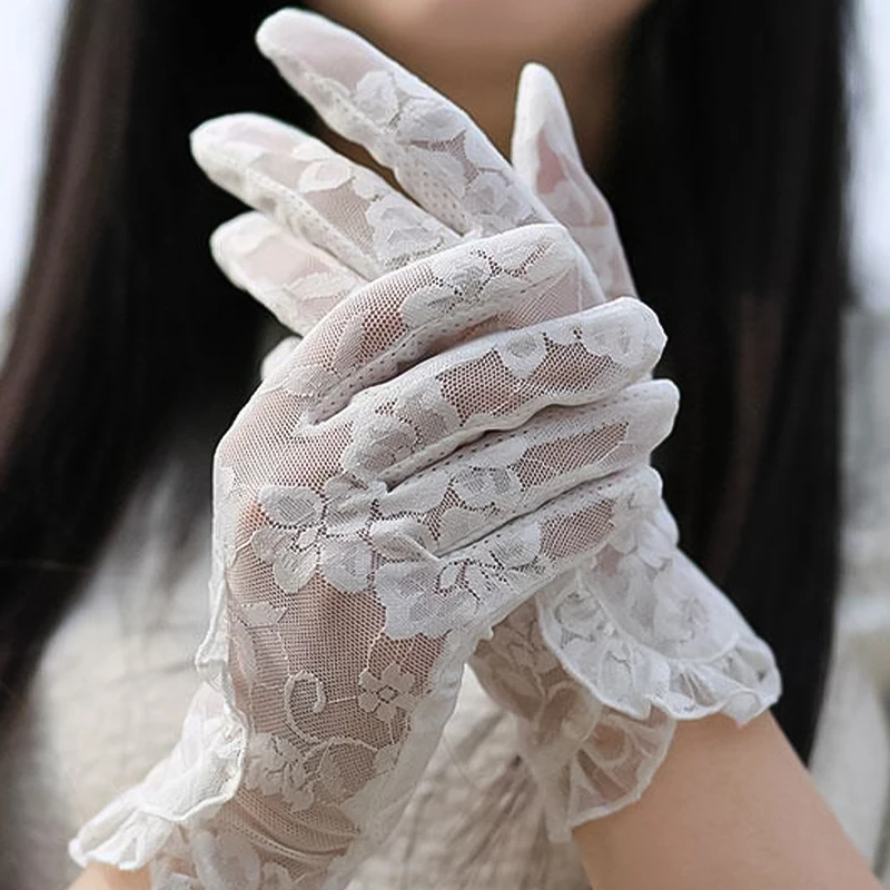 

Summer Women Sexy Lace Flower Ruffle Touch Screen Sunscreen Mesh Breathable Transparent Gloves Driving Cycling Anti-Slip Gloves